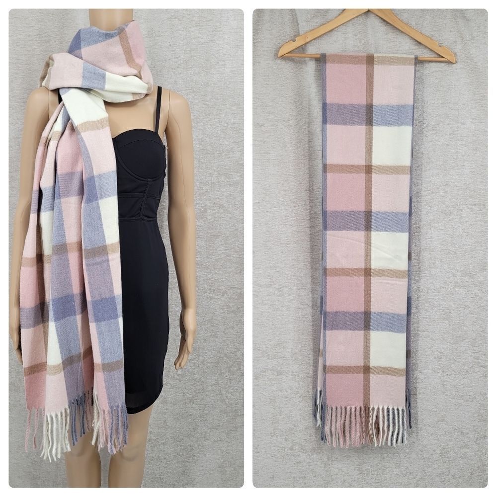 Pretty Persuasions Pink Light Blue Tan Plaid Scarf Wrap Shawl 26×80 Soft Cozy